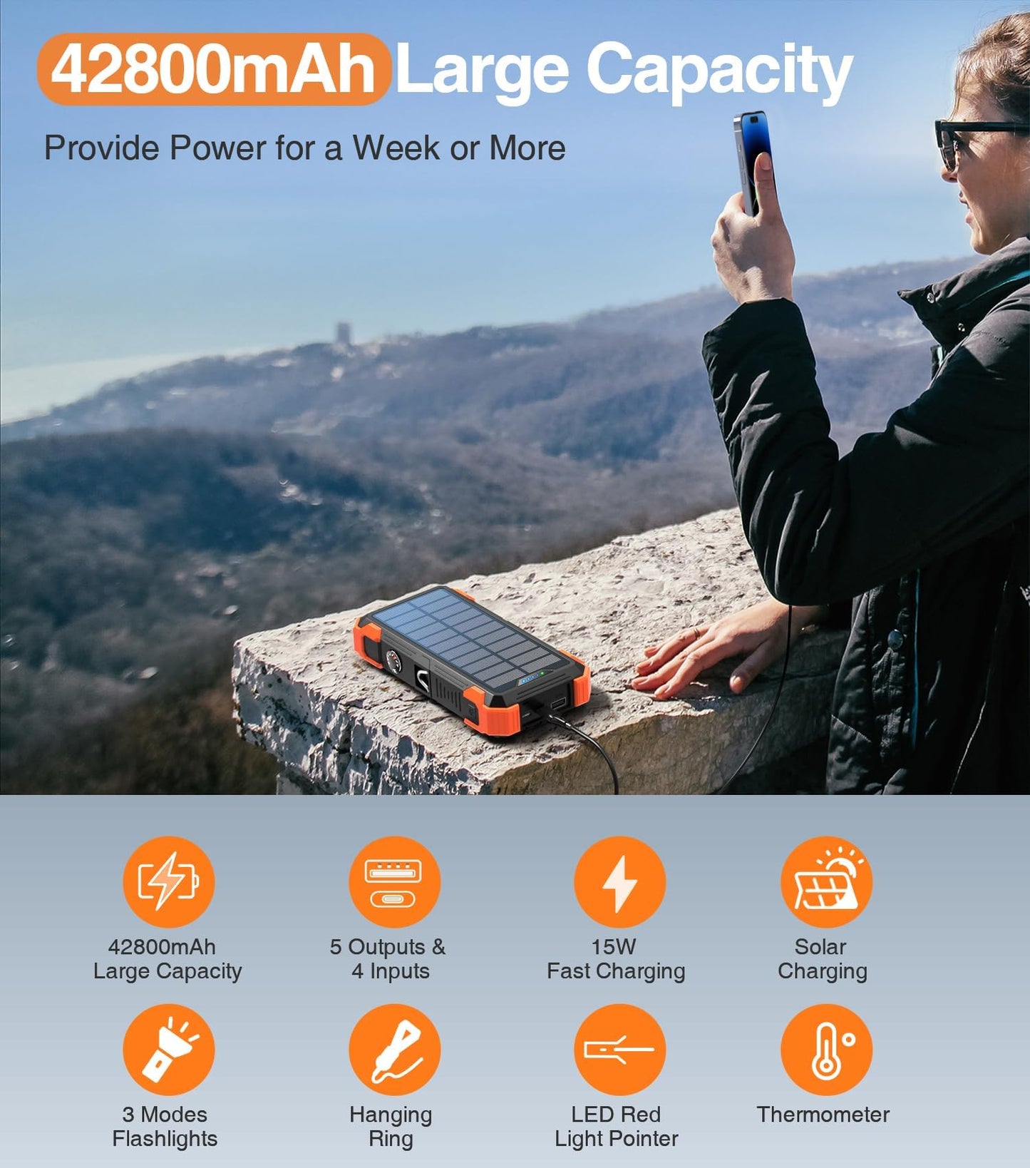 SUDROV Large Capacity Solar Power Bank PN-W33A(42,800mAh, 15W, Wireless Charger, in-Cable)