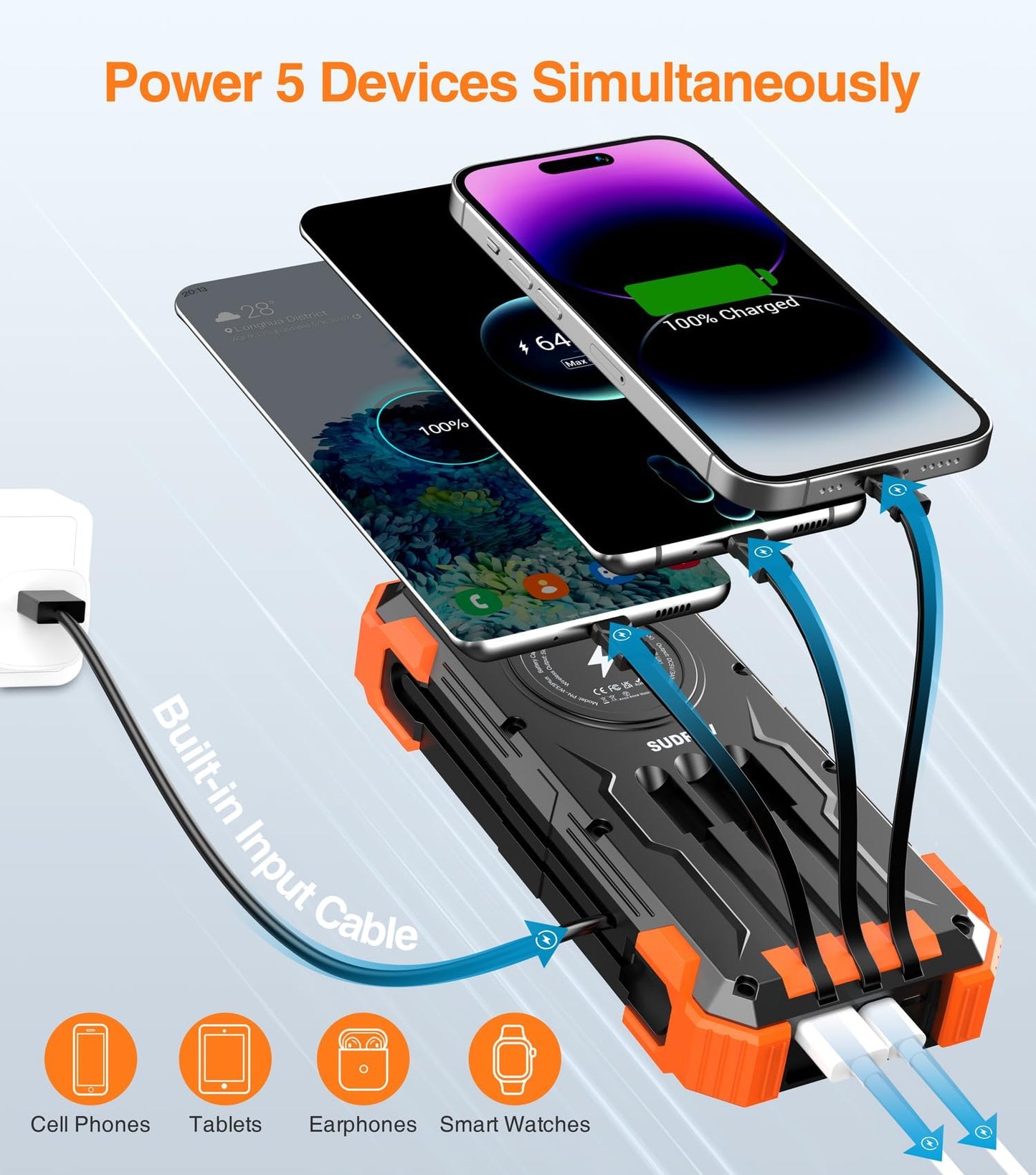 SUDROV Large Capacity Solar Power Bank PN-W33A(42,800mAh, 15W, Wireless Charger, in-Cable)