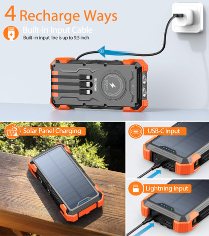 SUDROV Large Capacity Solar Power Bank PN-W33A(42,800mAh, 15W, Wireless Charger, in-Cable)
