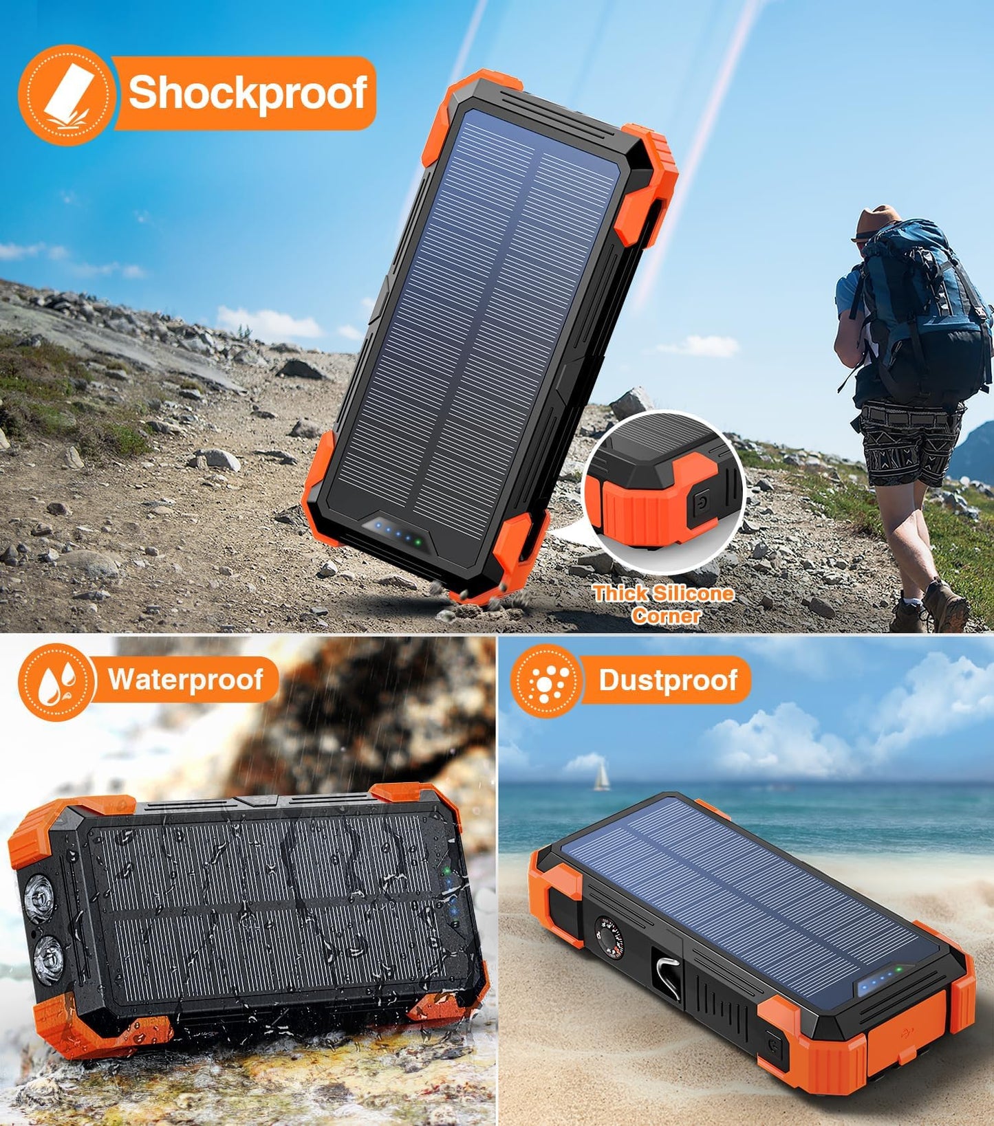 SUDROV Large Capacity Solar Power Bank PN-W33A(42,800mAh, 15W, Wireless Charger, in-Cable)