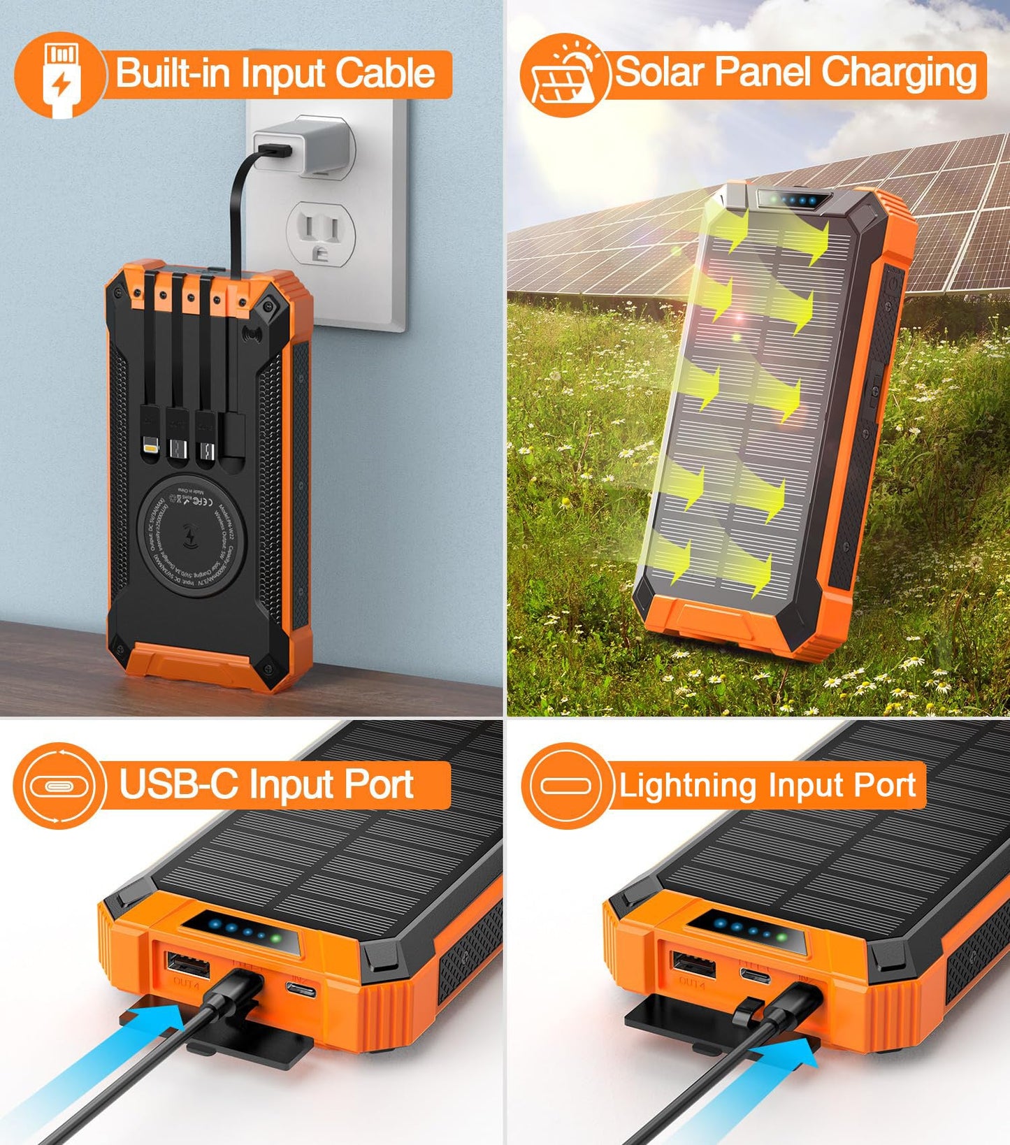 GOODaaa Large Capacity Solar Power Bank PN-W22(36,000mAh, 15W, Wireless Charger, in-Cable)