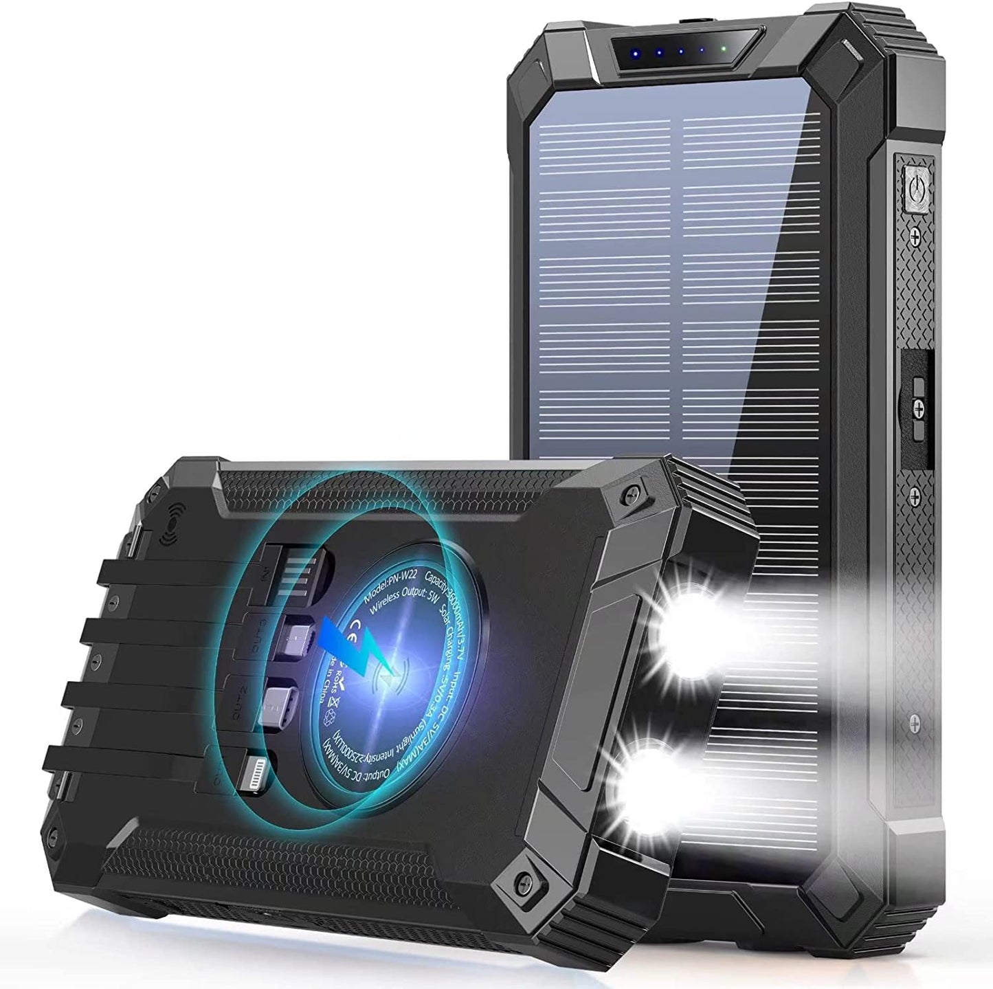 GOODaaa Large Capacity Solar Power Bank PN-W22(36,000mAh, 15W, Wireless Charger, in-Cable)