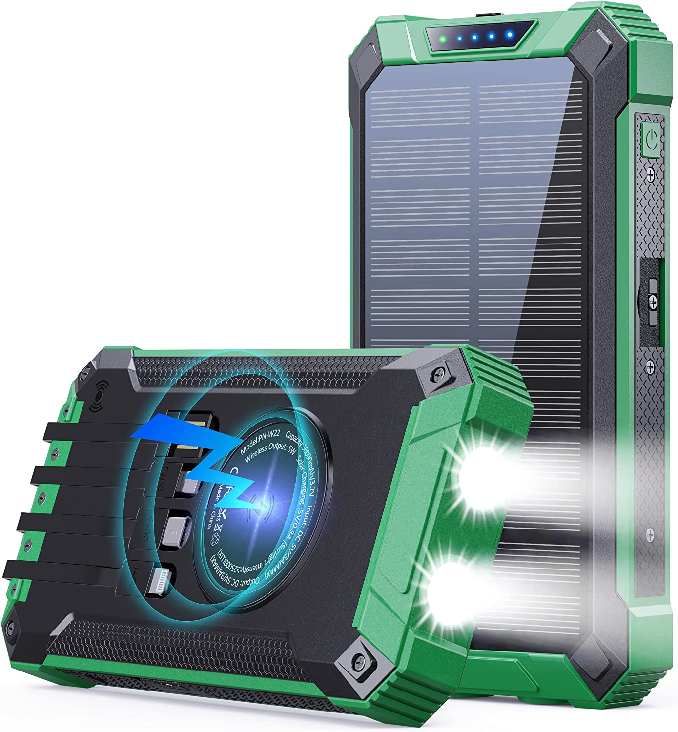 GOODaaa Large Capacity Solar Power Bank PN-W22(36,000mAh, 15W, Wireless Charger, in-Cable)