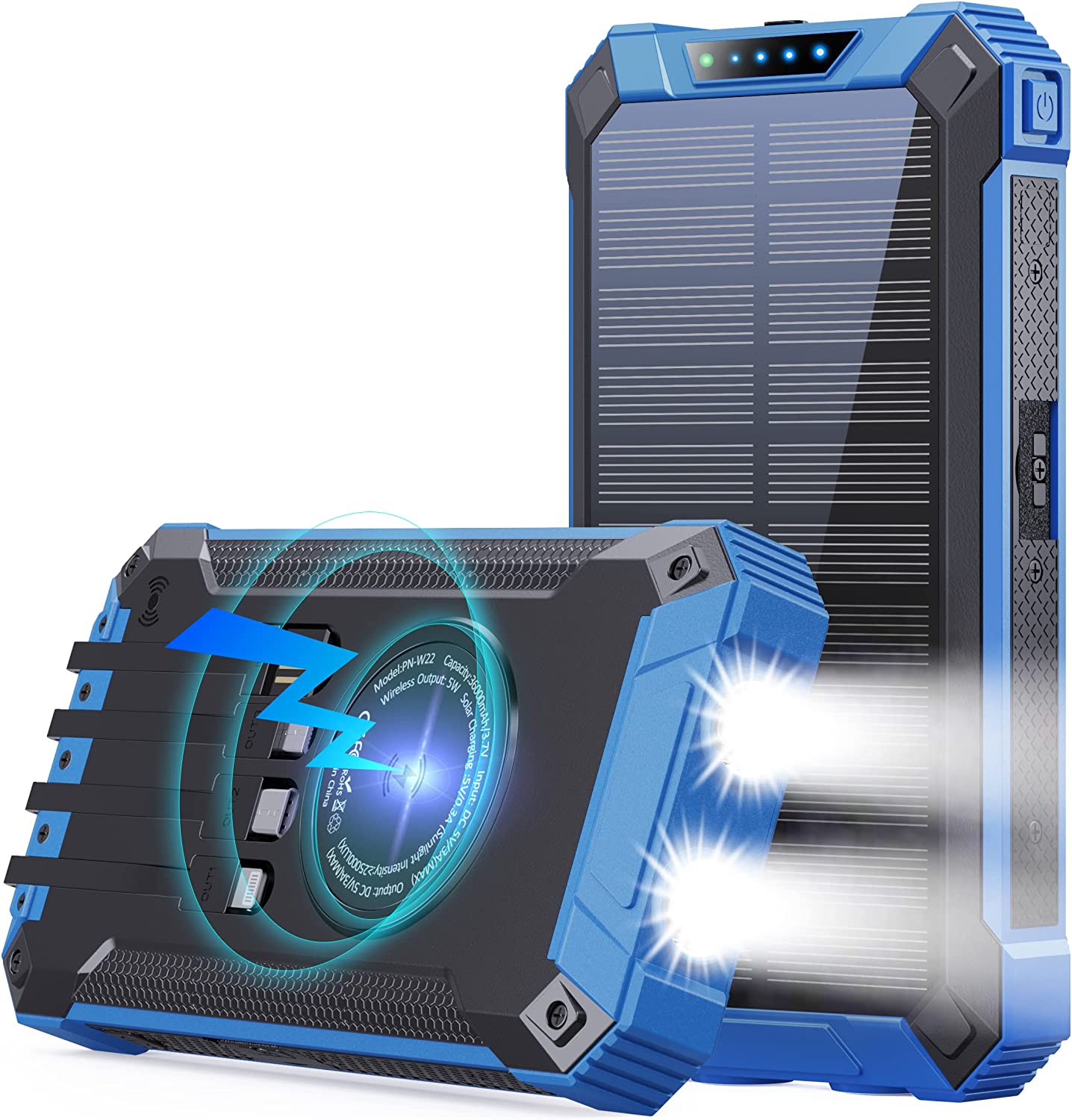 GOODaaa Large Capacity Solar Power Bank PN-W22(36,000mAh, 15W, Wireless Charger, in-Cable)