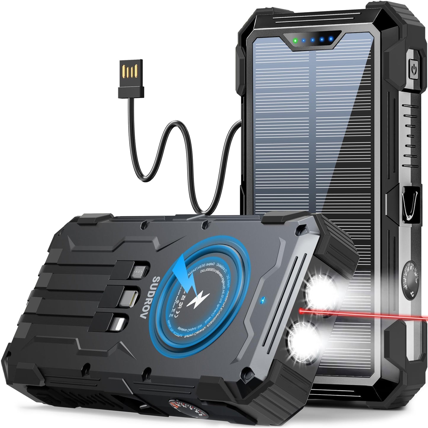 SUDROV Large Capacity Solar Power Bank PN-W33A(42,800mAh, 15W, Wireless Charger, in-Cable)