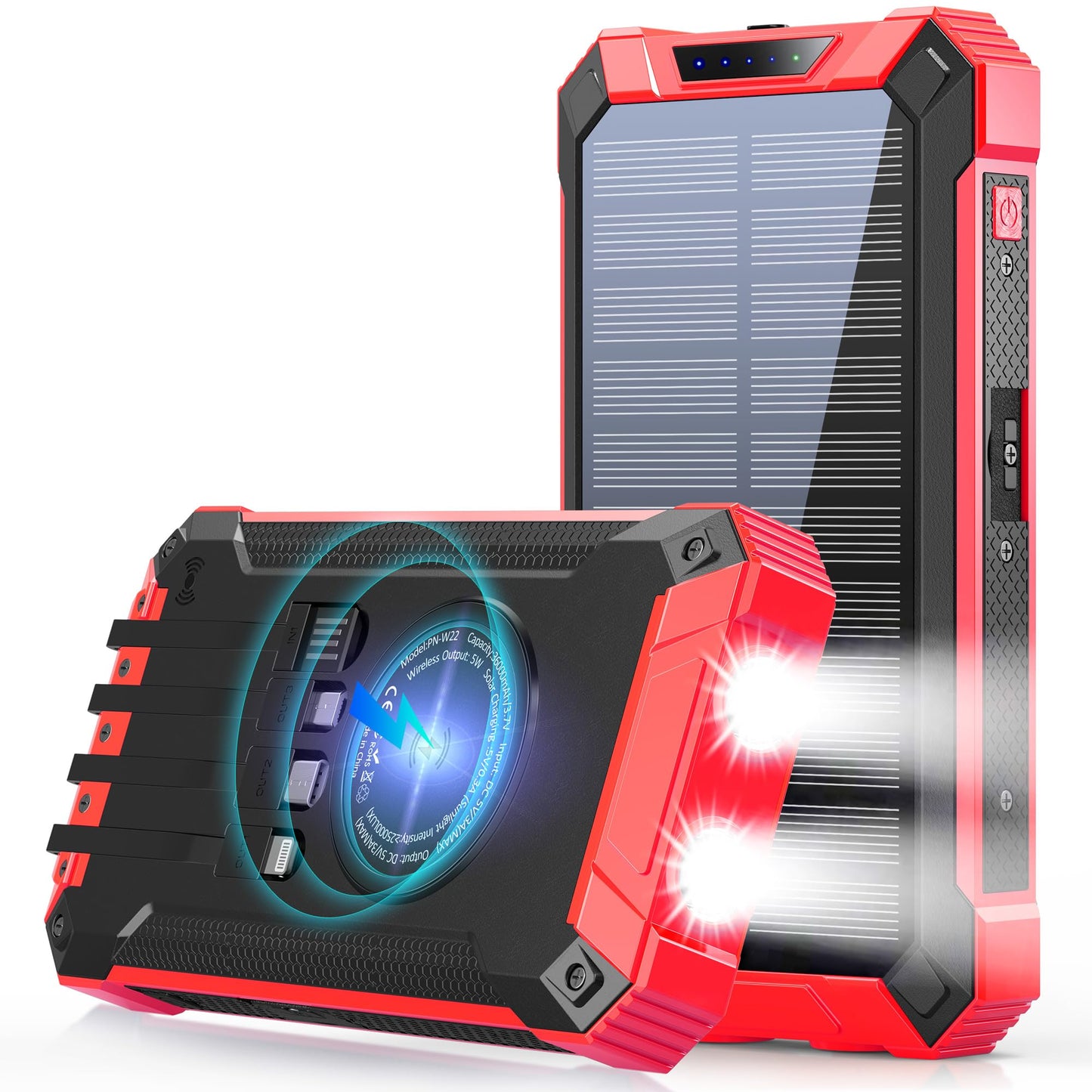 GOODaaa Large Capacity Solar Power Bank PN-W22(36,000mAh, 15W, Wireless Charger, in-Cable)